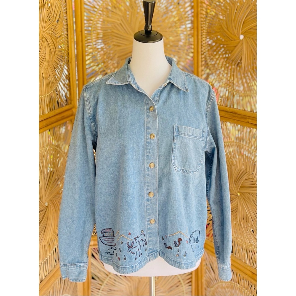 Vintage Christopher & Banks Denim Long Sleeve Noah’s Ark Button Down Shirt